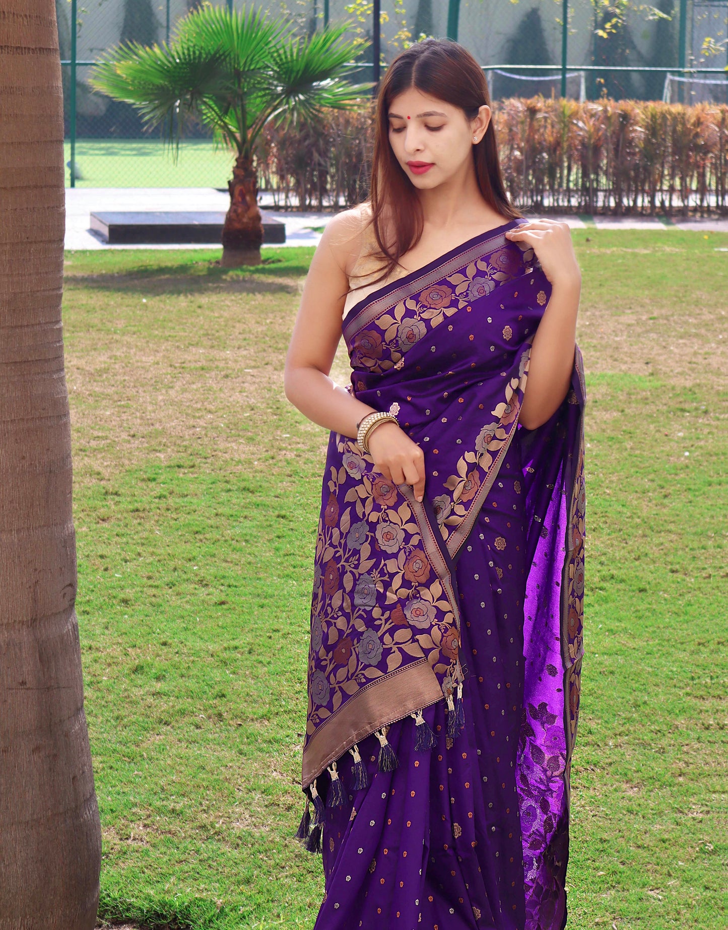 Deep Purple Pure Soft Silk Saree with Triple Zari Weaving