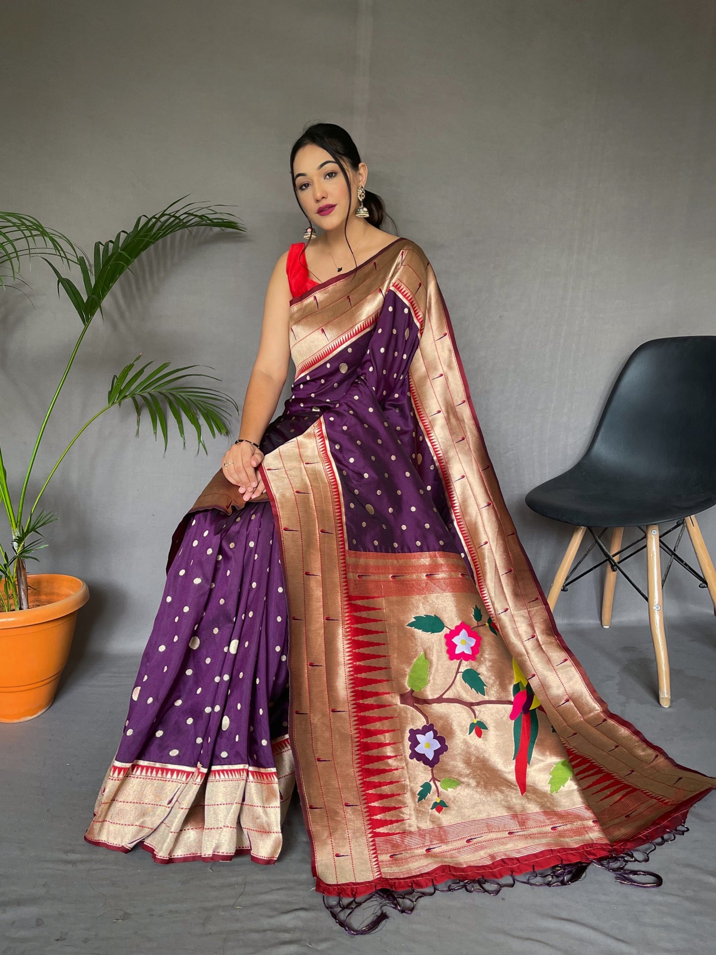 Purple Printed Paithani Silk Saree Set