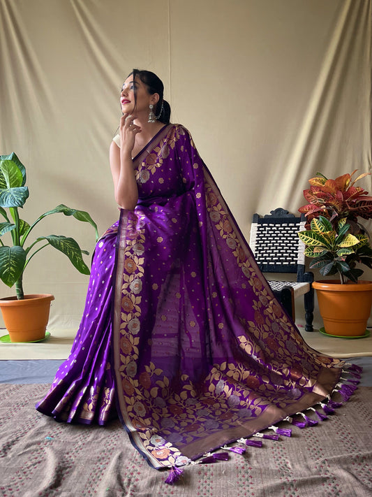 Deep Purple Pure Soft Silk Saree with Triple Zari Weaving