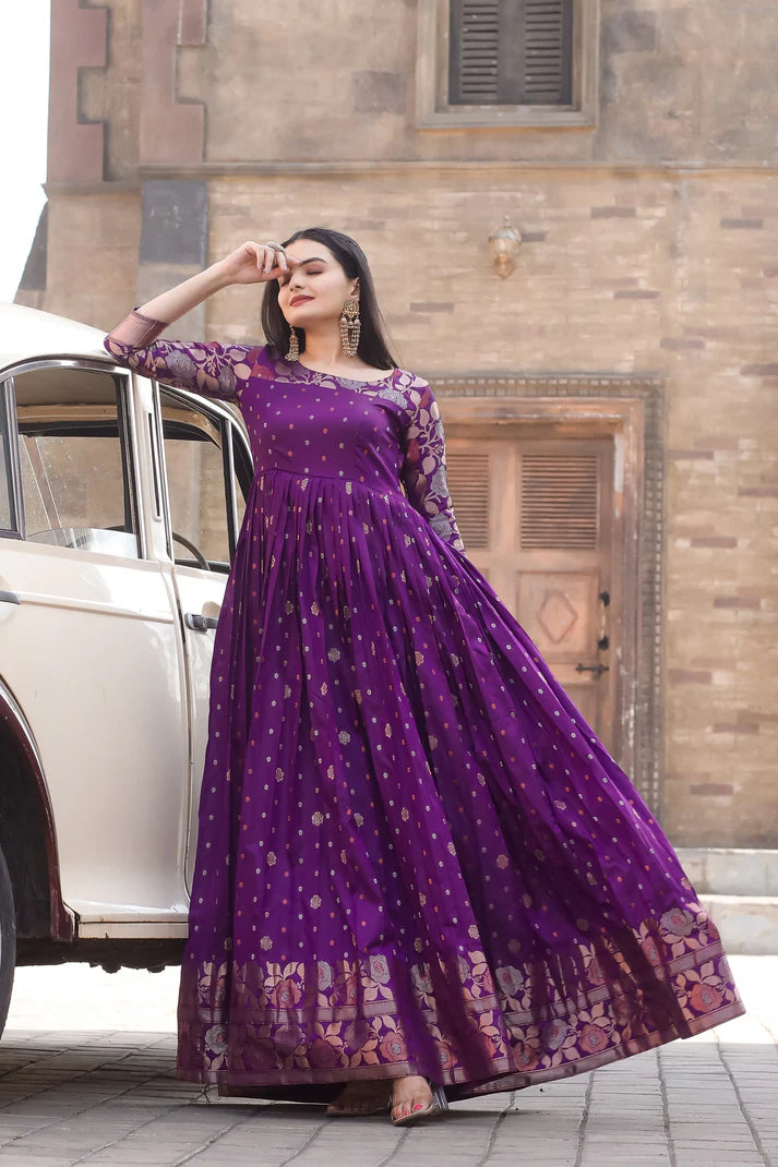 Purple Banarasi Silk Ethnic Maxi Zari Woven Ethnic Dress