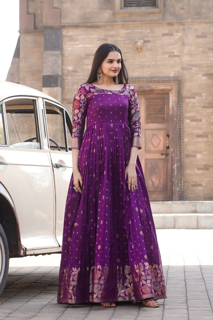 Purple Banarasi Silk Ethnic Maxi Zari Woven Ethnic Dress