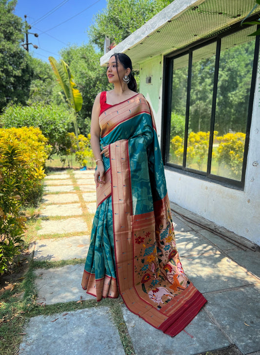 Rama Green Weaved Zari Traditional Paithani Silk Saree