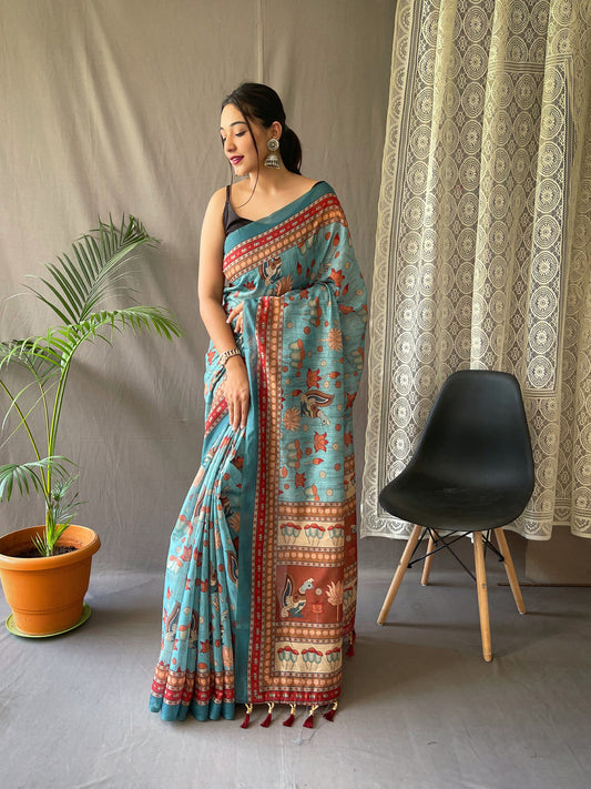 Fairytale Rama Green  Kalamkari Printed Saree With Adorable Blouse Piece