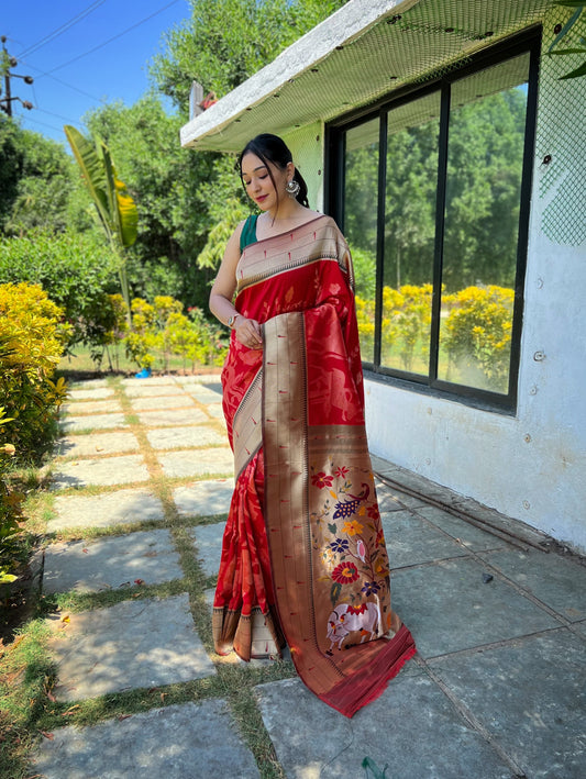 Red Weaved Zari Traditional Paithani Silk Saree