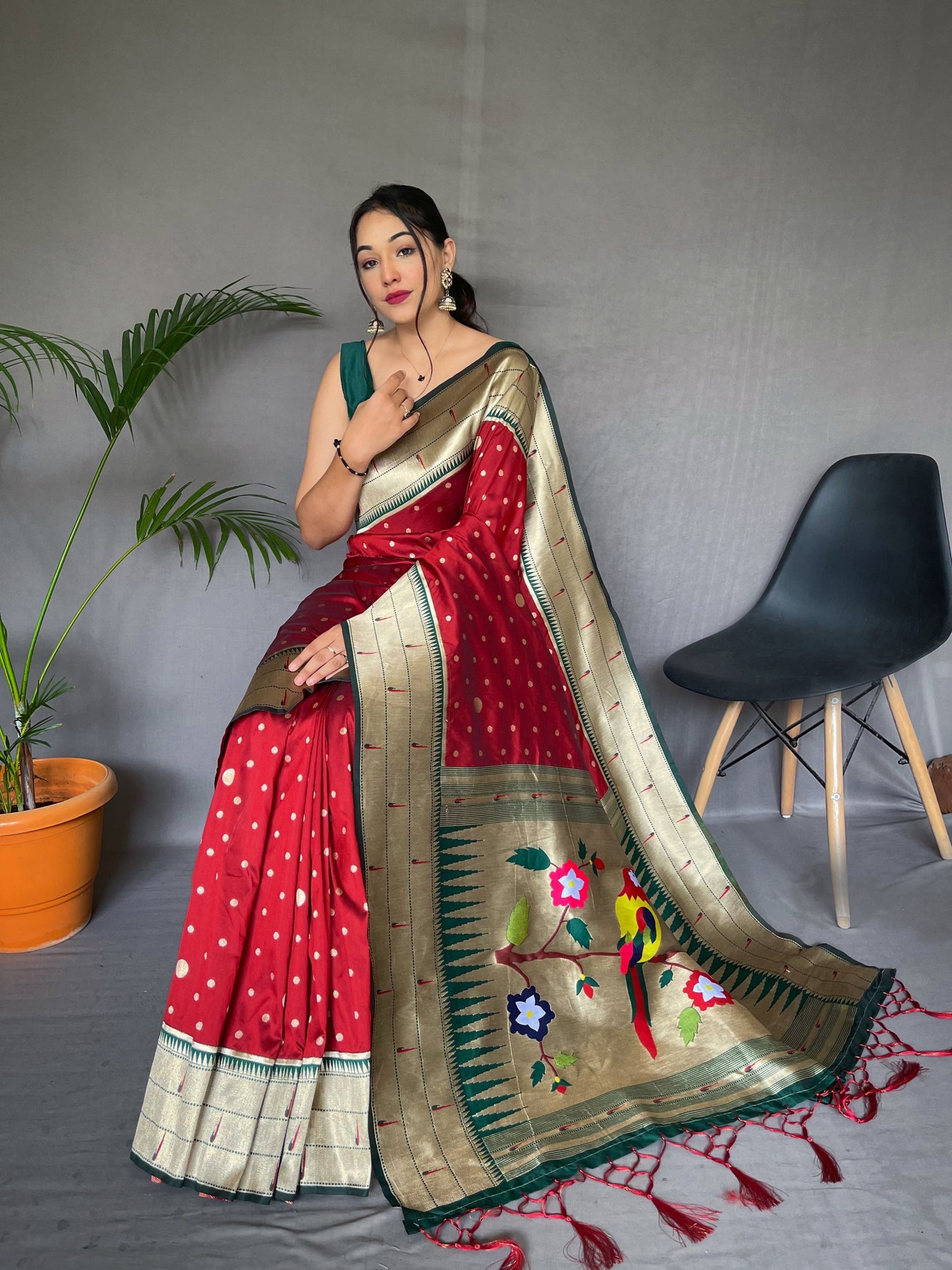 Red Printed Paithani Silk Saree Set