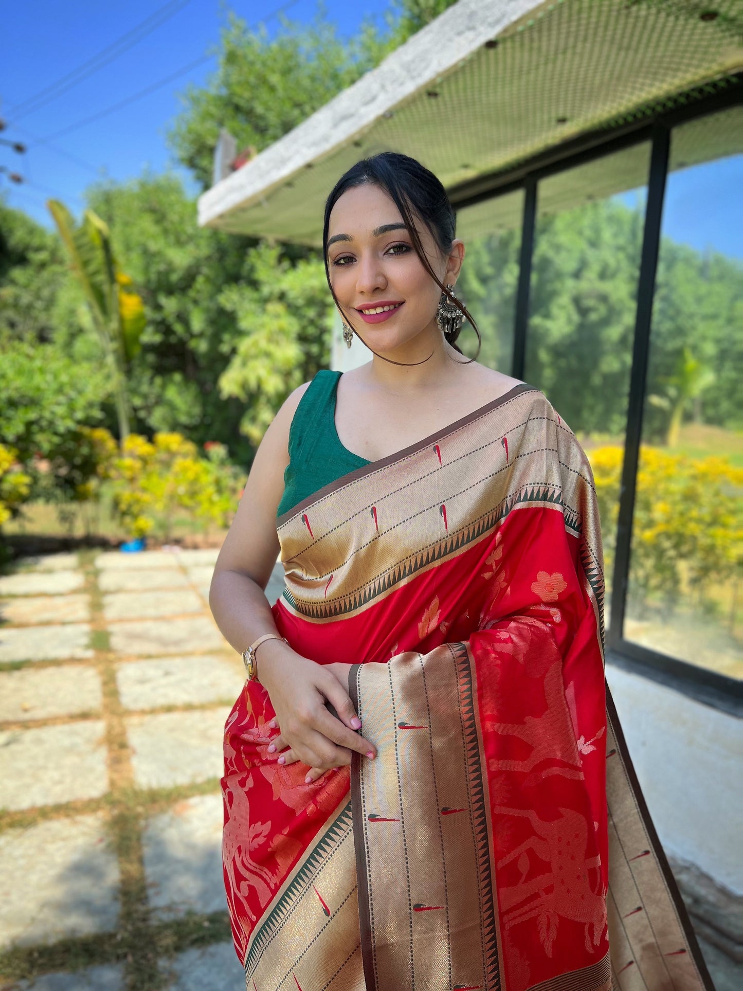 Red Weaved Zari Traditional Paithani Silk Saree