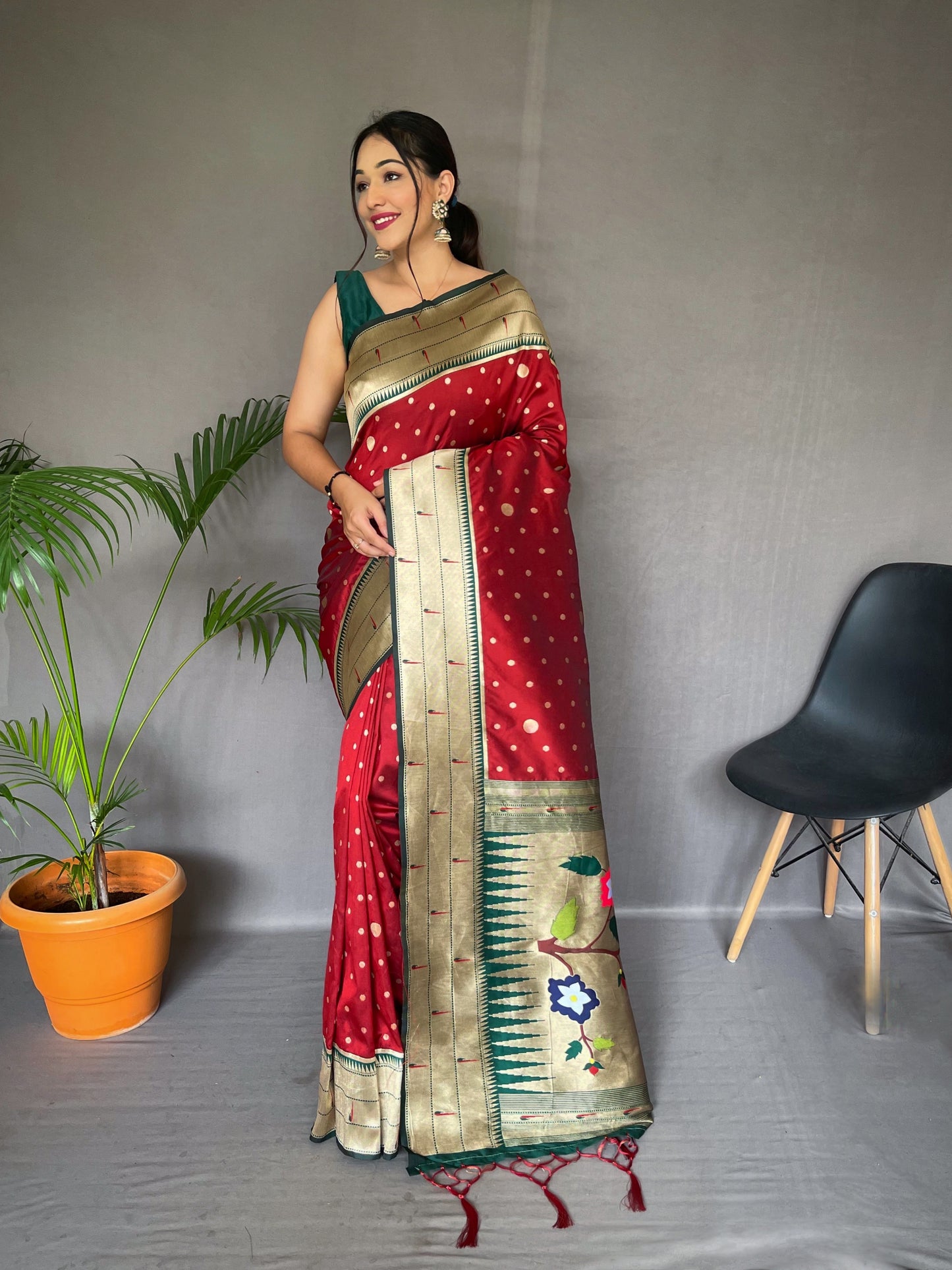 Red Printed Paithani Silk Saree Set