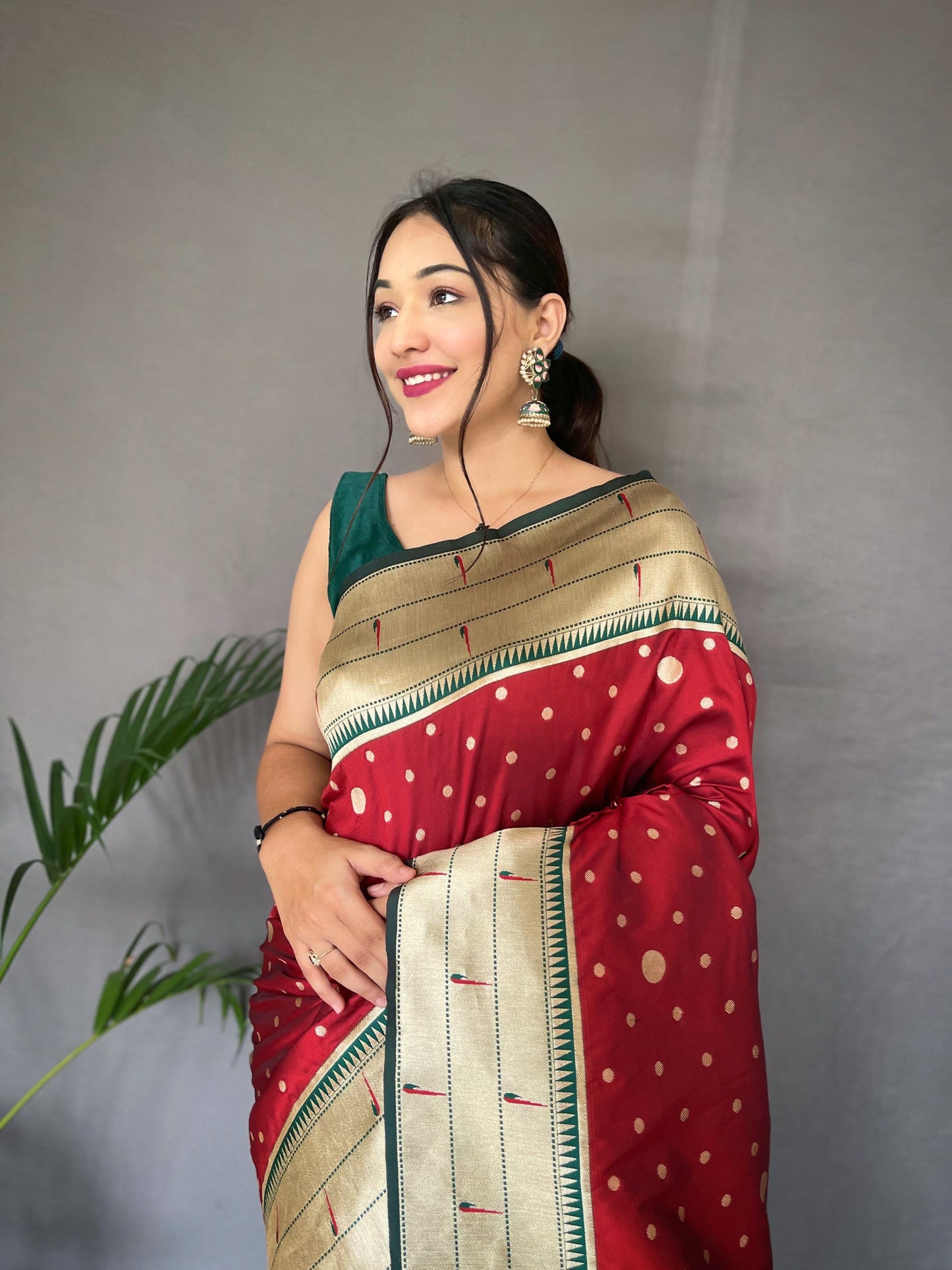 Red Printed Paithani Silk Saree Set