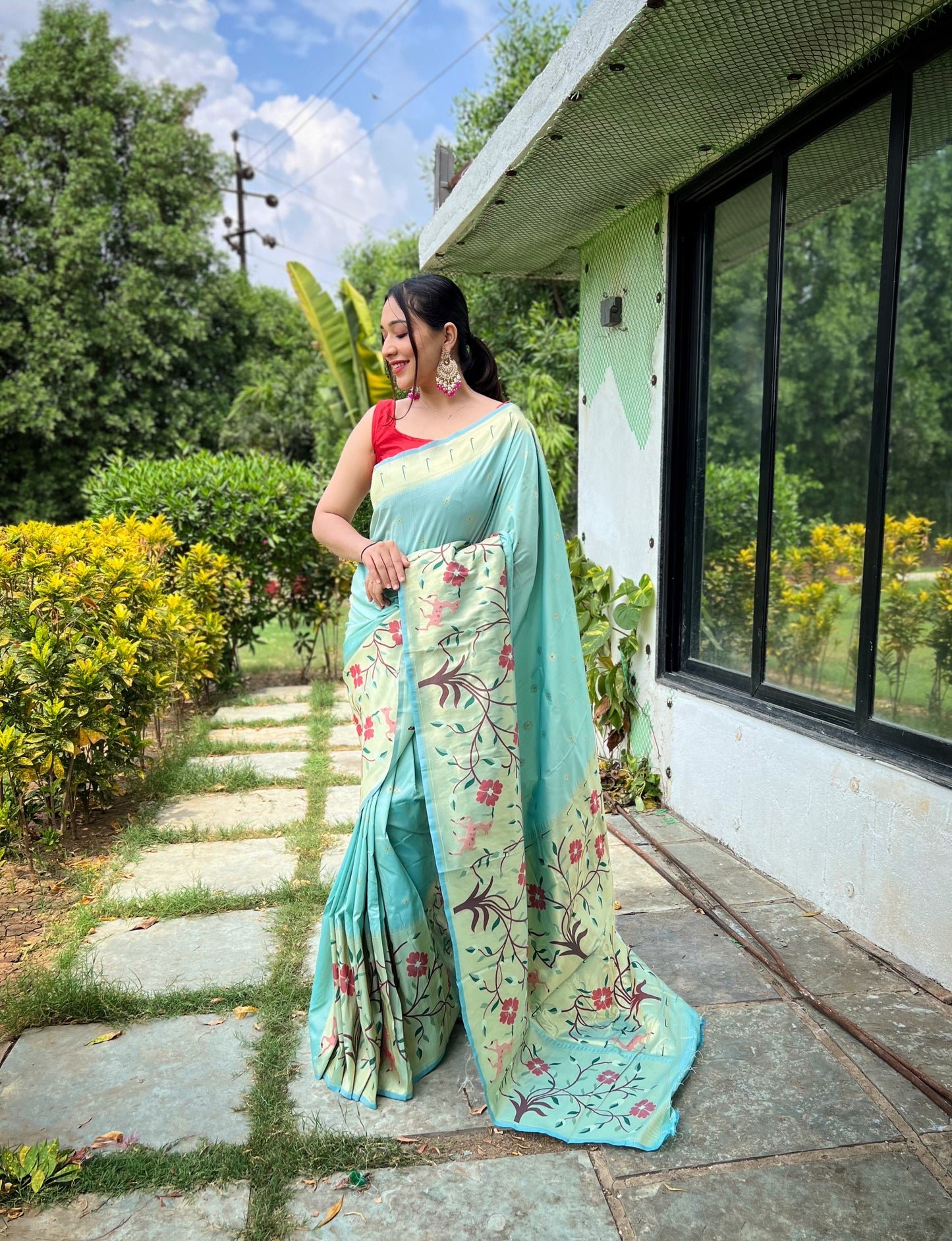 Sky Blue Soft Kanchipuram Paithani Silk Saree