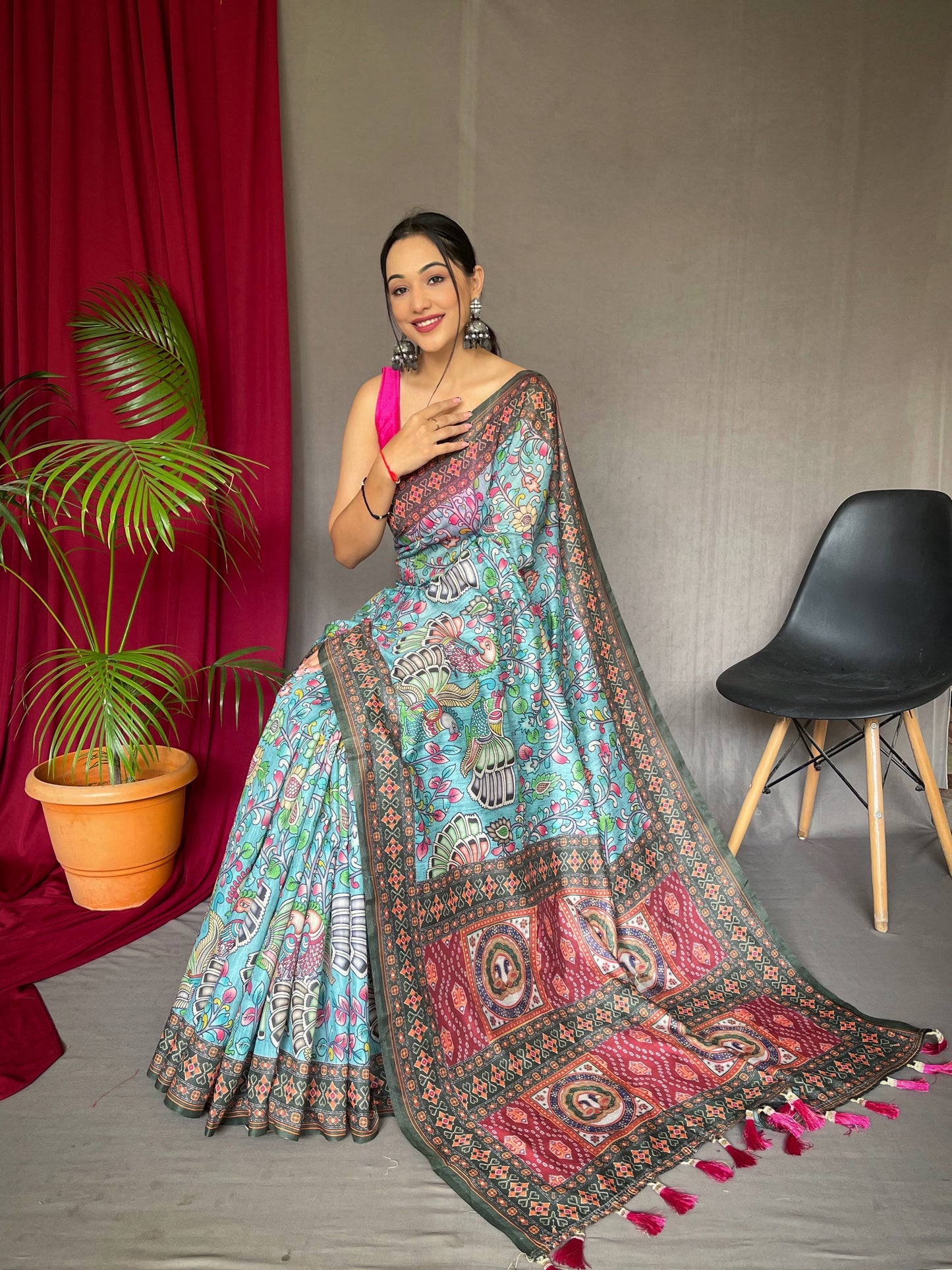 Sky Blue Kalamkari Printed Malai Cotton Saree