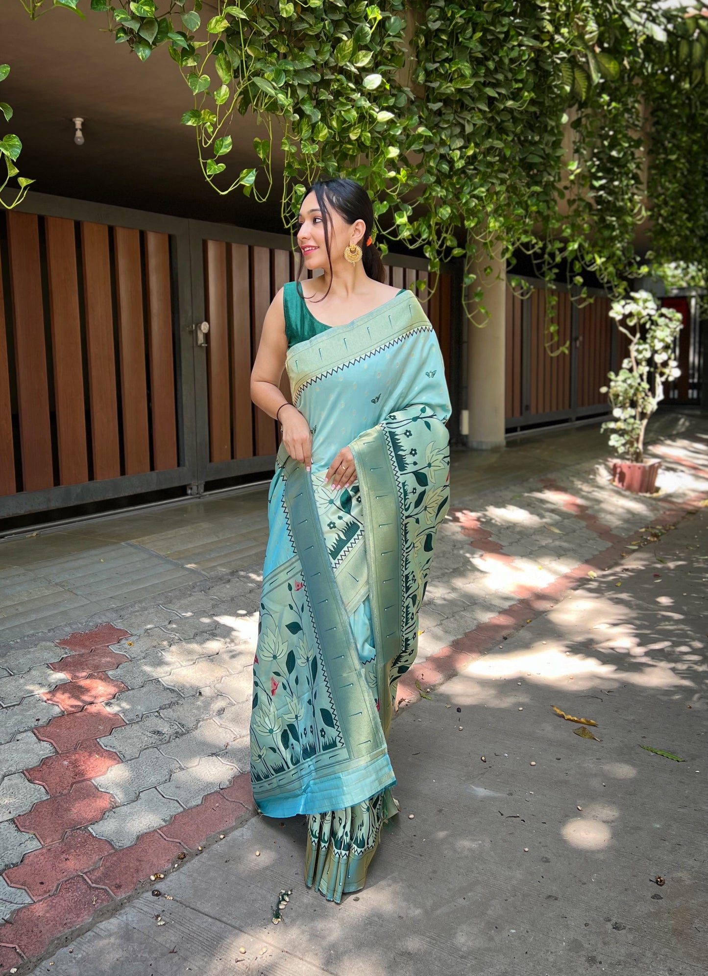 Sky Blue Zari Woven Patola Silk Saree Set