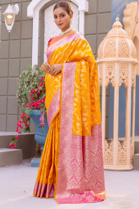 Squash Yellow Satin Banarasi Silk Saree