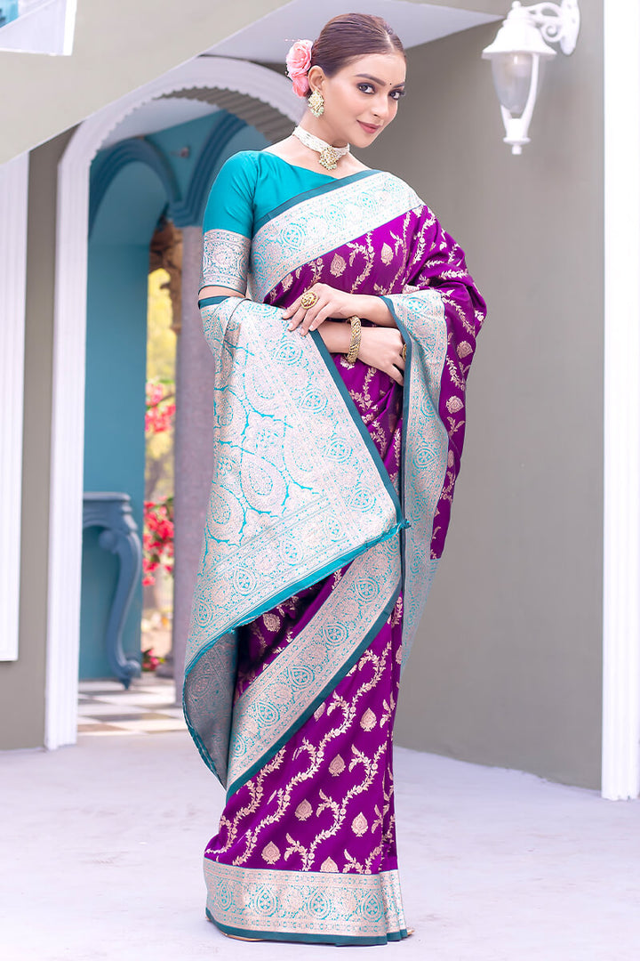 Velvet Purple Satin Banarasi Silk Saree