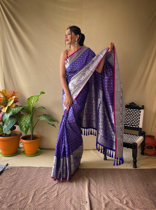 Violet Soft Litchi Silk Khicha Checks Saree