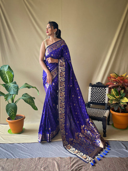 Ink Blue Pure Soft Silk Saree with Triple Zari Weaving