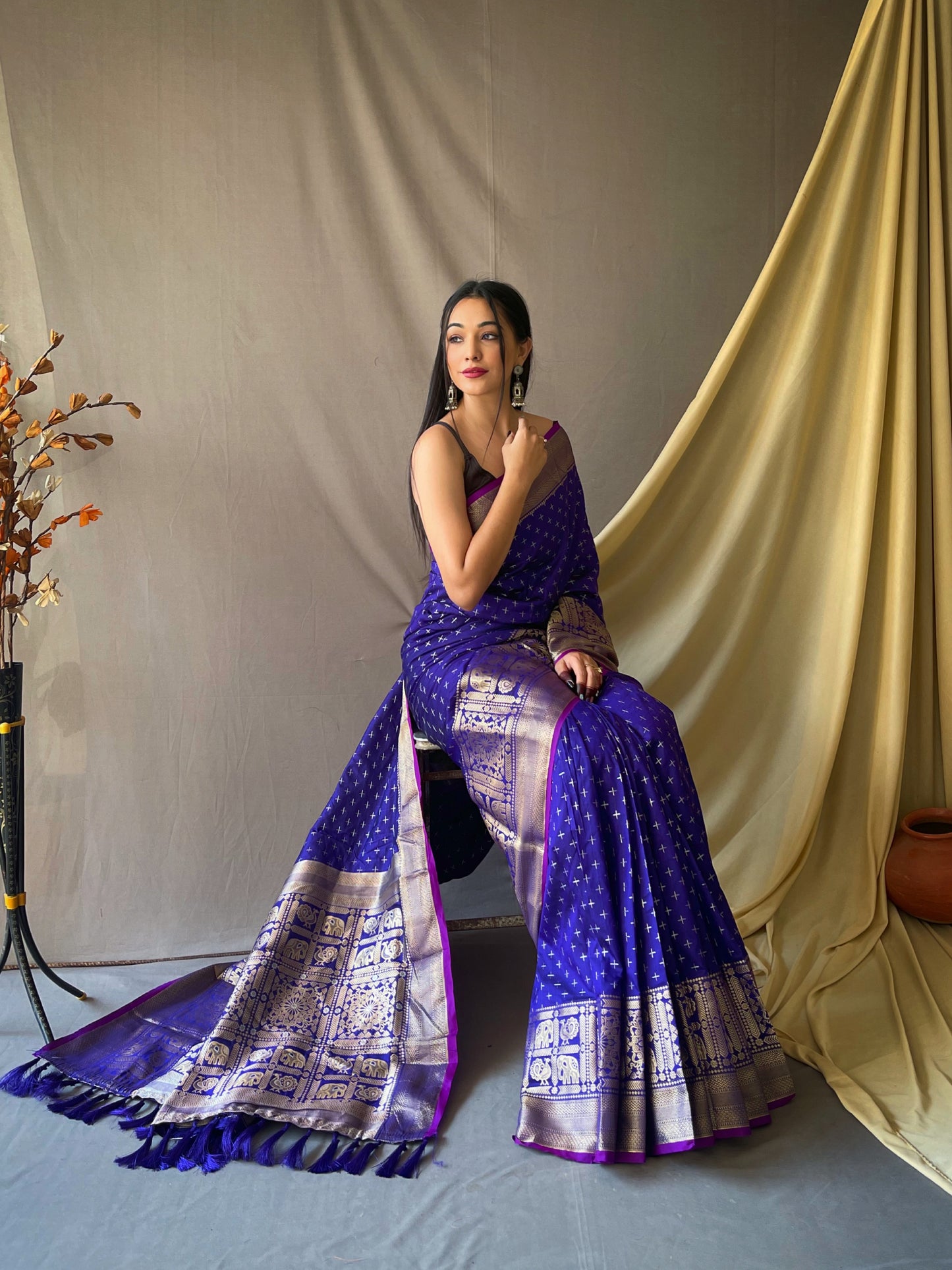 Violet Woven Saree with Contrast Border