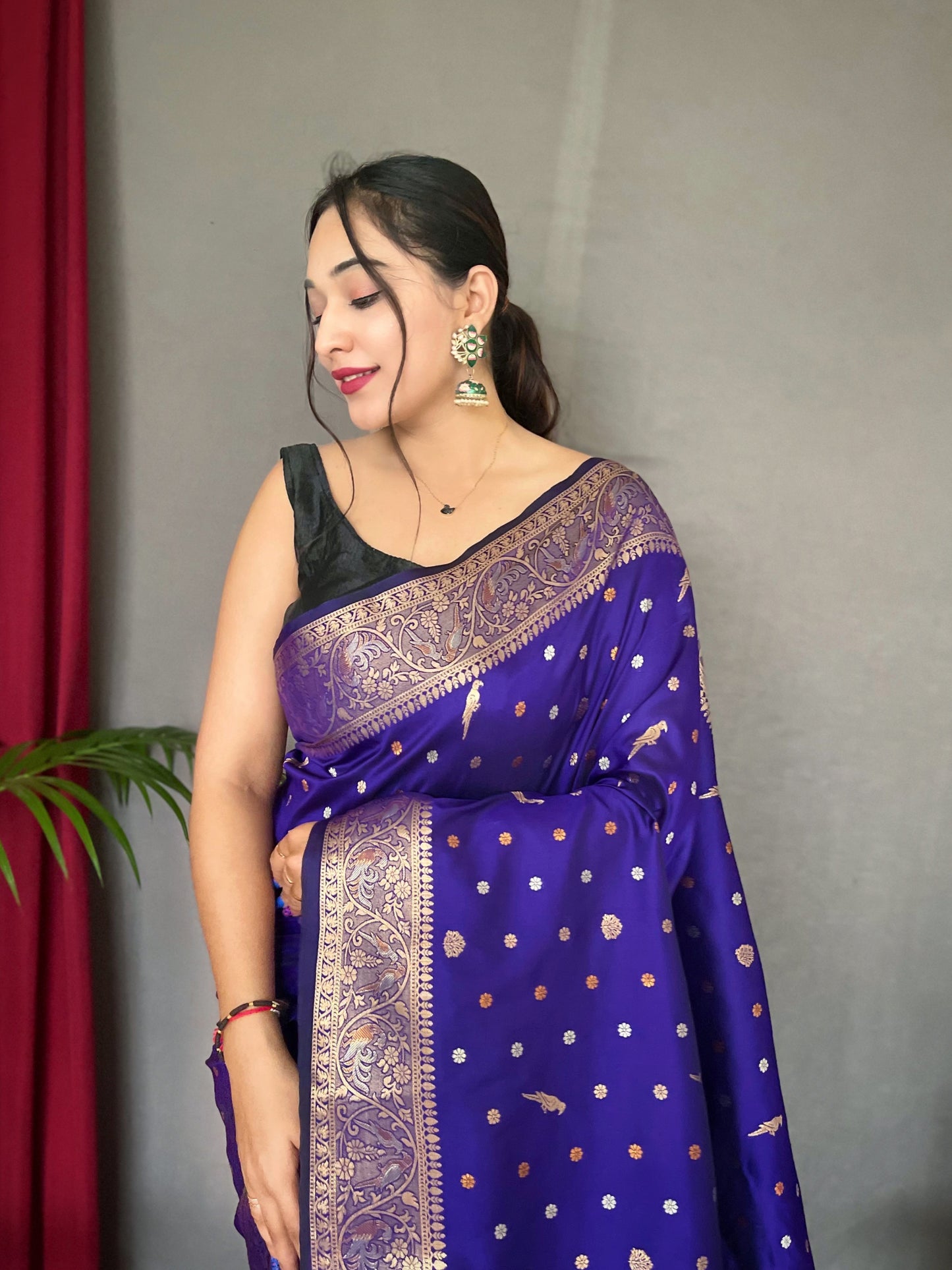 Violet Floral Woven Soft Silk Saree