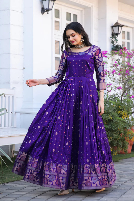 Violet Banarasi Silk Ethnic Maxi Zari Woven Ethnic Dress