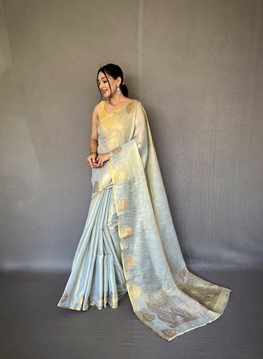 White & Gold-Toned Woven Design Zari Tissue Saree