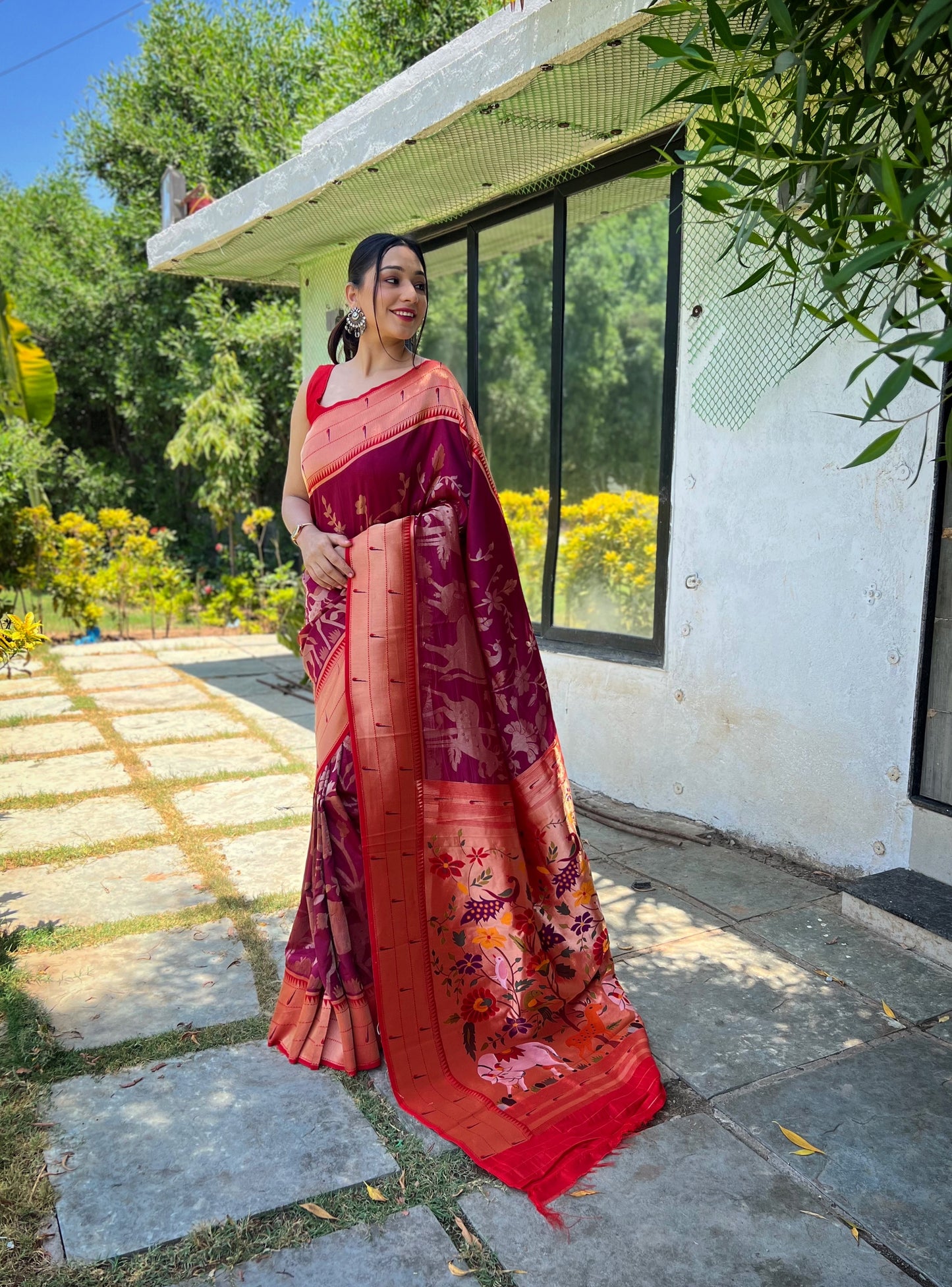 Wine Weaved Zari Traditional Paithani Silk Saree