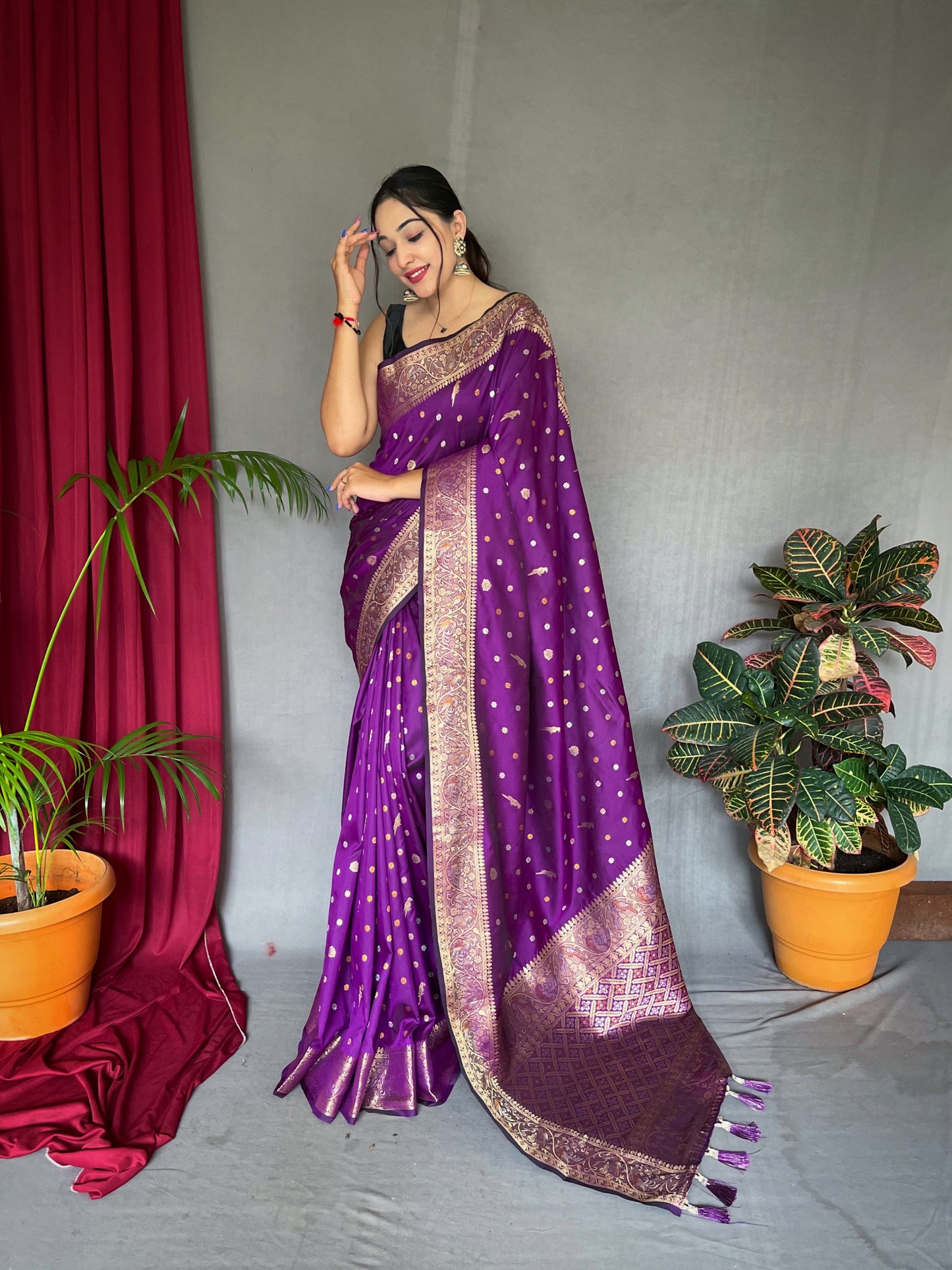 Wine Floral Woven Soft Silk Saree