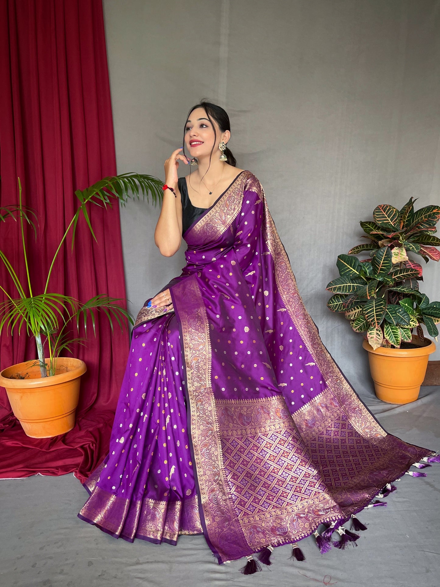 Wine Floral Woven Soft Silk Saree