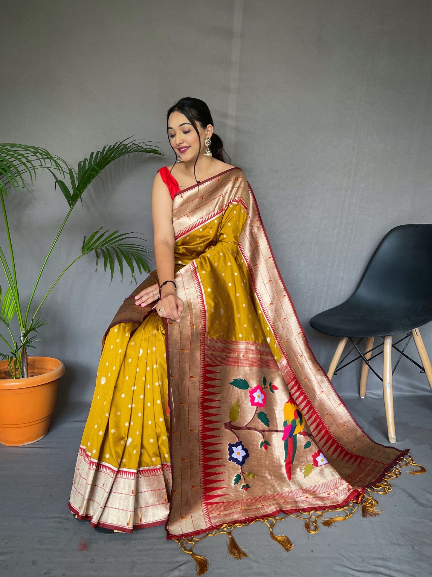 Yellow Printed Paithani Silk Saree Set