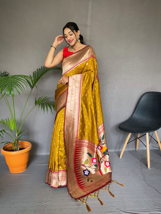 Yellow Printed Paithani Silk Saree Set