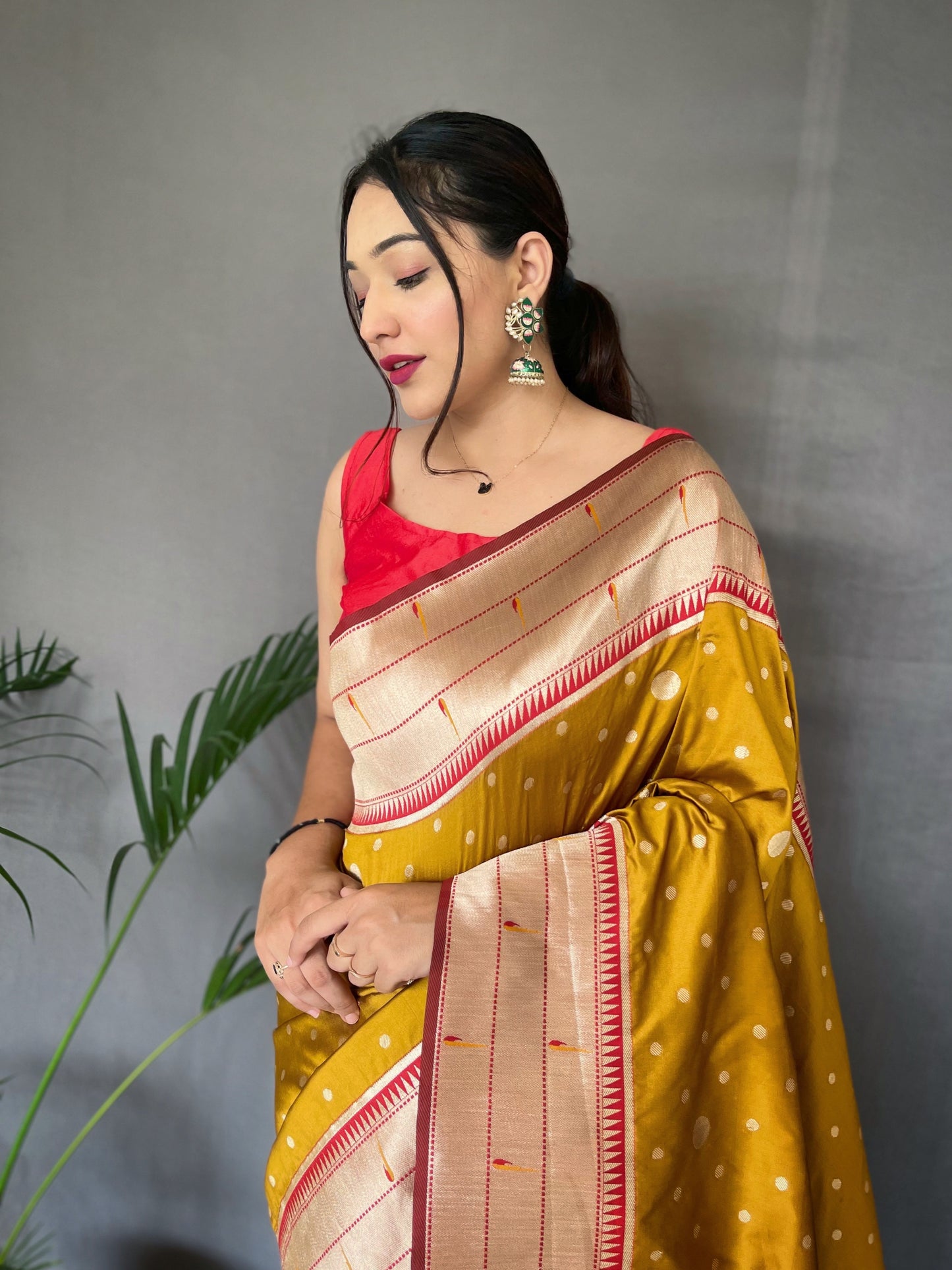 Yellow Printed Paithani Silk Saree Set